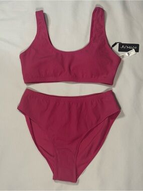 Fuchsia Ribbed Scoop Crop Bikini Set - High Waist